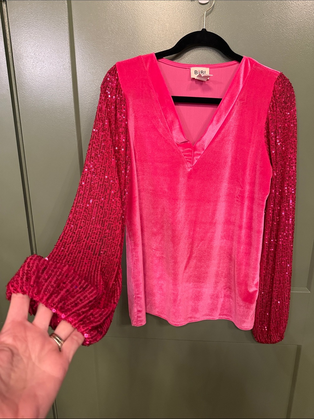 BiBi Hot Pink Velvet Top with Sequin Statement Sleeves